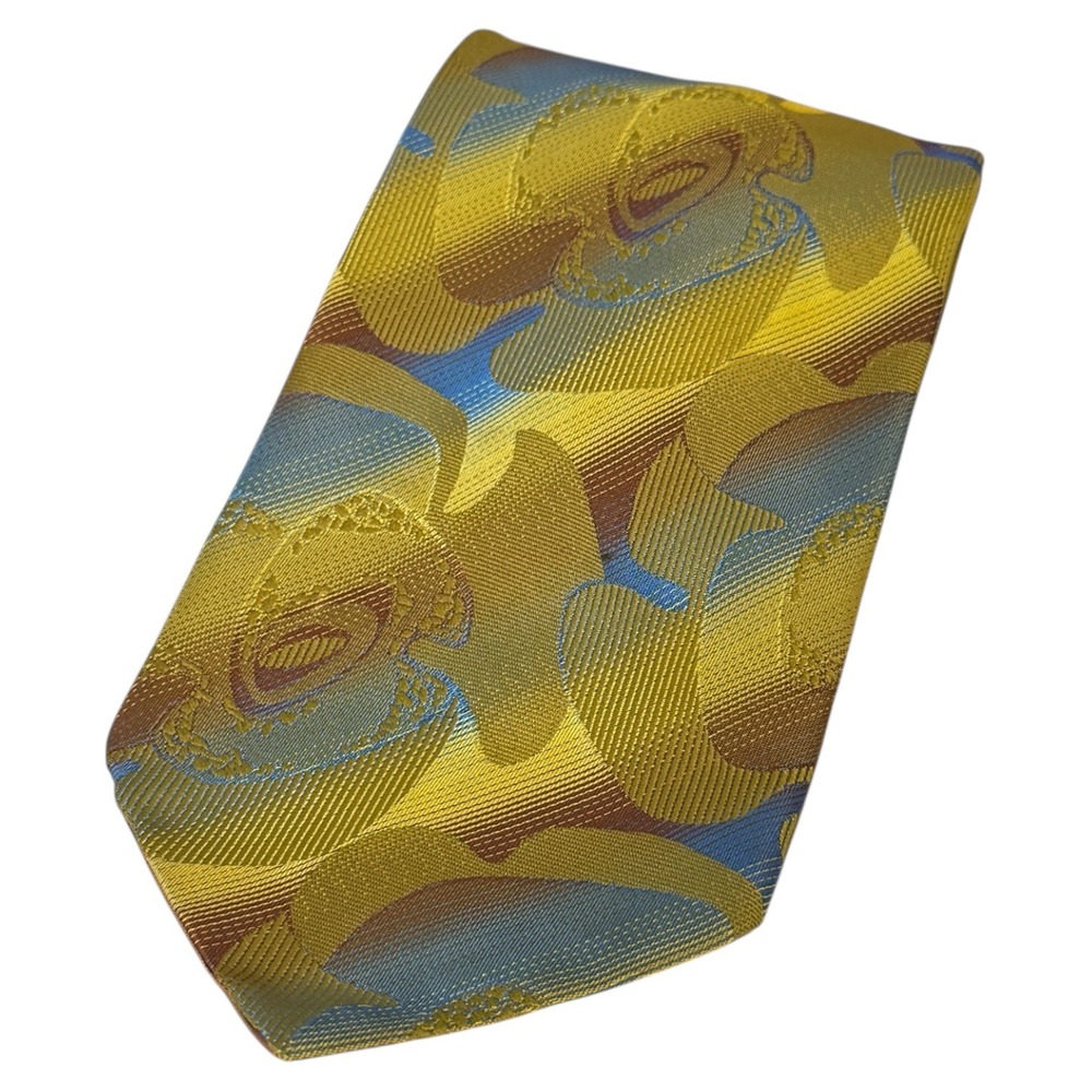 Vintage Aqua Marine de Cyrill Necktie Gold Brown Blue Abstract Silk Mens Tie